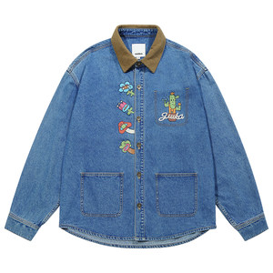 
GUUKA trendy blue cactus denim shirt men's autumn corduroy lapel long sleeve shirt front shoulder jacket