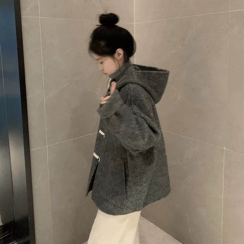 Демисезонное небольшое шерстяное пальто с капюшоном, подходит для подростков