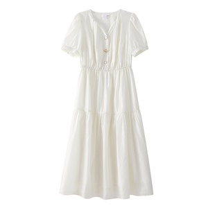 
OSA French romantic puff sleeve dress for women 2026 summer new style temperament waist slimming V-neck long skirt