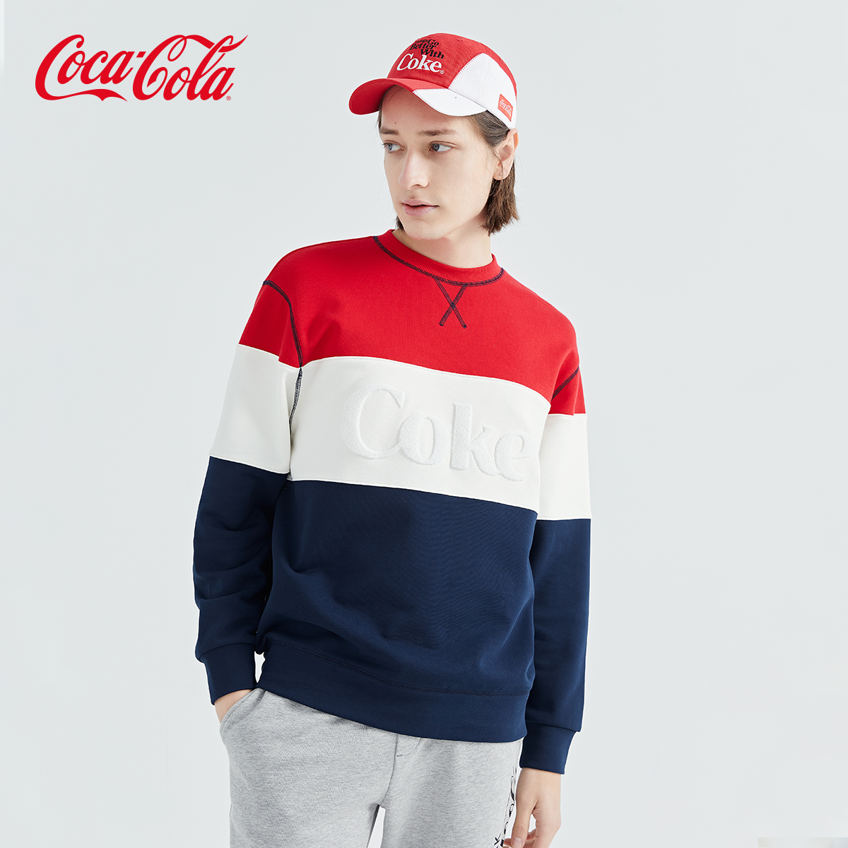 Coca-Cola可口可乐官方卫衣套头撞色条纹毛巾绣LOGO休闲潮流上衣