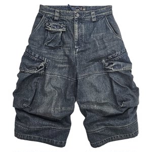 
Silibu loose denim shorts heavy wash and old cropped pants high street large pocket 3D three-dimensional silhouette medium pants