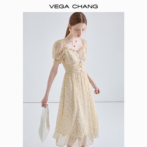 VEGA CHANG floral dress women's 2024 summer new style small slim temperament French chiffon long skirt