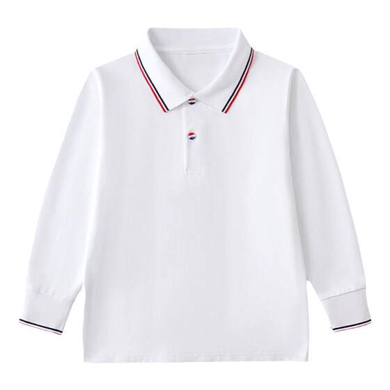 
Primary and secondary school students' school uniform Polo shirt long-sleeved T-shirt white lapel top men and women children's spring and autumn pure cotton class uniform