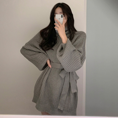 taobao agent Knitted dress, belt, flashlight, woolen dress, plus size