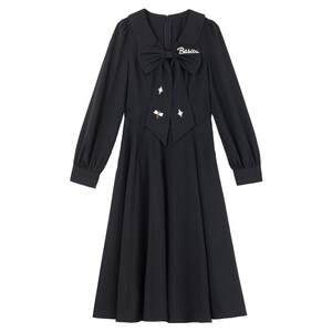 
KEIKO Temperament French detachable bow dress spring Hepburn style beautiful waist slimming A-line skirt