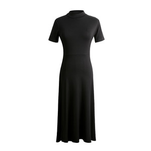 18 Summer and Autumn New Vintage Half -Hed -neck Skirt Modal Black Slender High -waisted Dress Women's Large size
