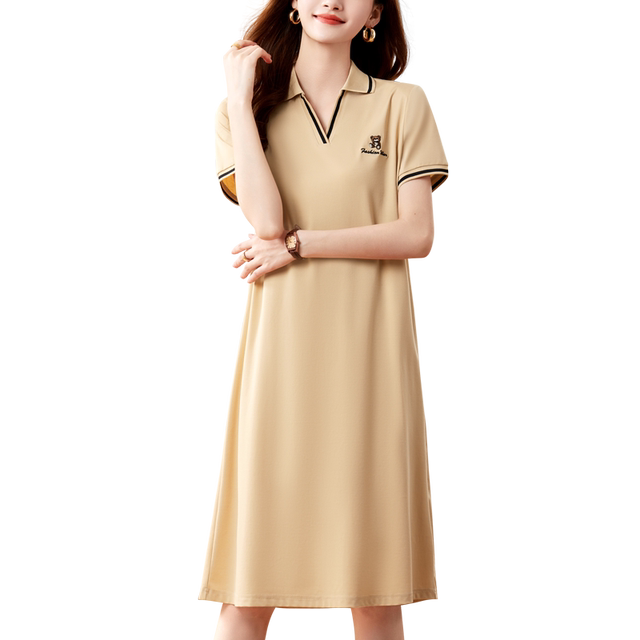 V neck over knee dress female summer 2024 new fashion mid length casual skirt Polo collar thin