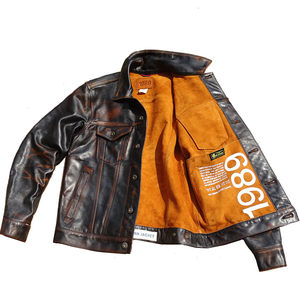 Lineless lining hand -made old tea core Mippi foundry export foreign trade original Western denim leather coat men's leather jacket
