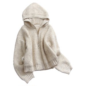 
Solid color soft and waxy loose, lazy and slim hooded zipper cardigan jacket 25 winter new long-sleeved sweater for women N734