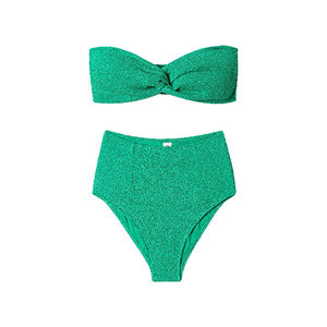 
Limone high waist split swimsuit women's pleated seersucker tube top swimsuit vacation green seaside hot spring bikini