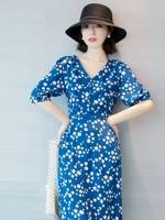 WXN Ретро длинный ароматизированный чай, платье, французский ретро стиль, средней длины, V-образный вырез, цветочный принт