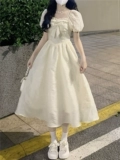 法式甜美连衣裙女2022夏季韩版初恋奶甜公主裙蝴蝶结泡泡袖长裙子