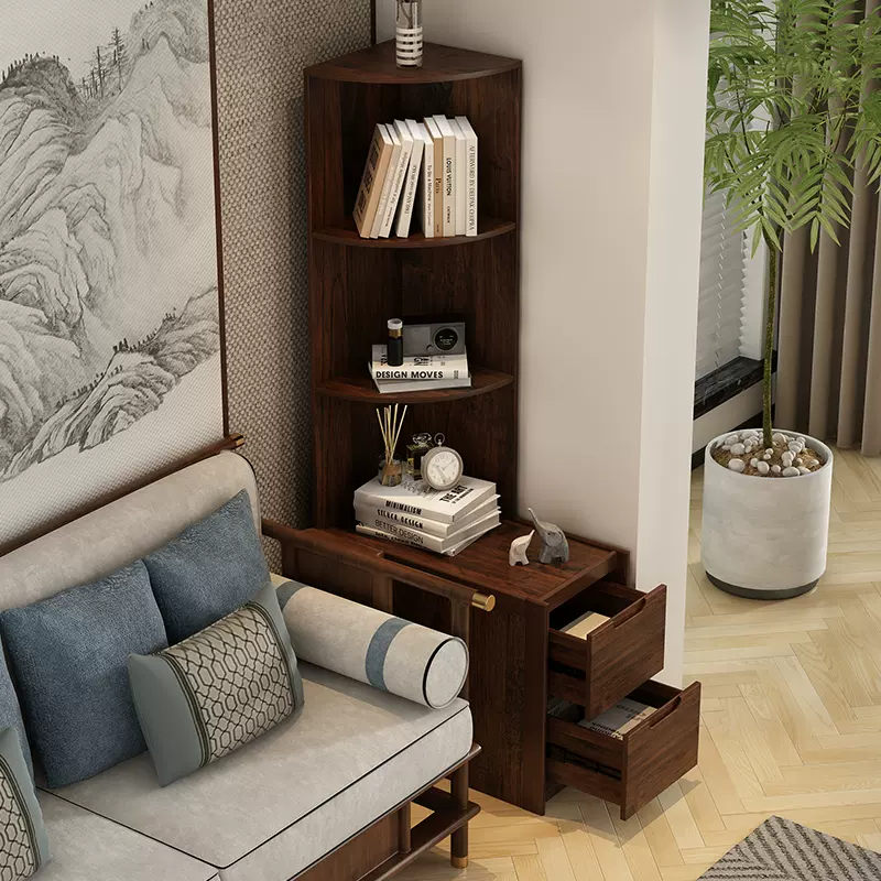 新中式沙发边柜客厅边几夹缝收纳柜转角窄隙高柜置物架一体储物柜