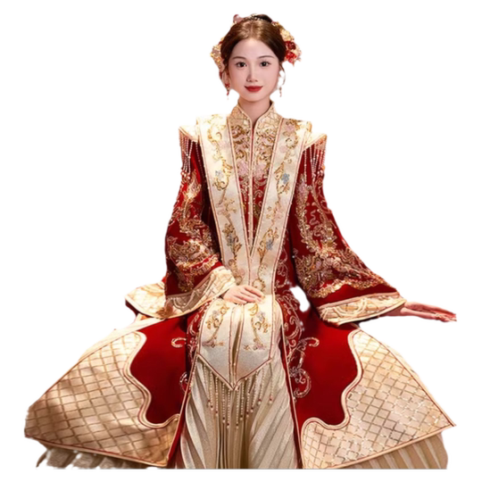 red and gold chinese wedding dress Red Embroidered Phoenix Wedding Bridal Cheongsam Qipao Dress IMALLURE M main image 1