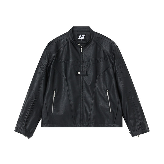 FORNINES American PU leather coat men's splicing motorcycle suit stands short jacket tide brand retro shoulder suite female
