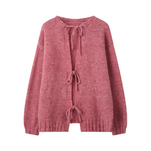 
BLUEerror full wool front and back stitch lace-up round neck sweater cardigan for women loose warm lazy sweater winter