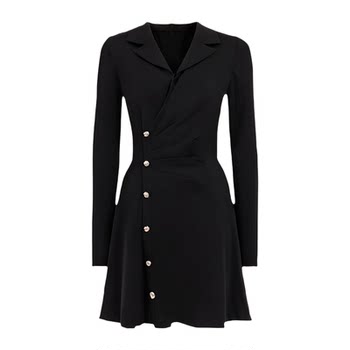 
Qisu women's clothing 2025 autumn new style slim large size fat MM dress suit collar long sleeve high-end little black skirt