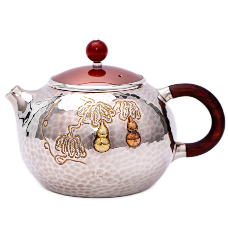 古菲诗高工錾刻牡丹茶壶纯手工一张打大号银壶纯银999泡茶壶茶具-Taobao 