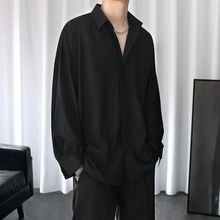 Hong Kong style shirt, men's black ruffled and handsome, spring and summer trend, long sleeved, loose fitting, casual, high-end draped, and ironless shirt jacket
