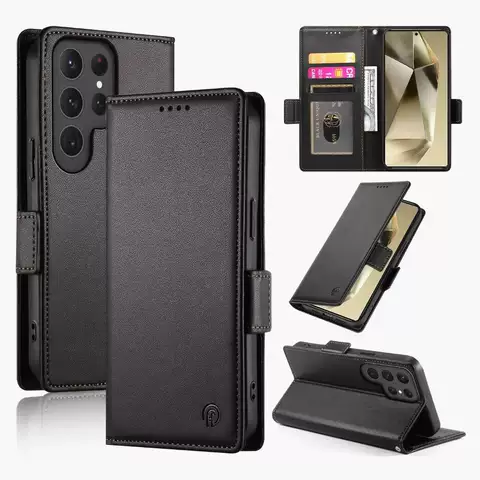 Black Vegan Leather Folio Wallet Magnetic Stand Phone Case for iPhone 17, 16, 15, 14 and 13