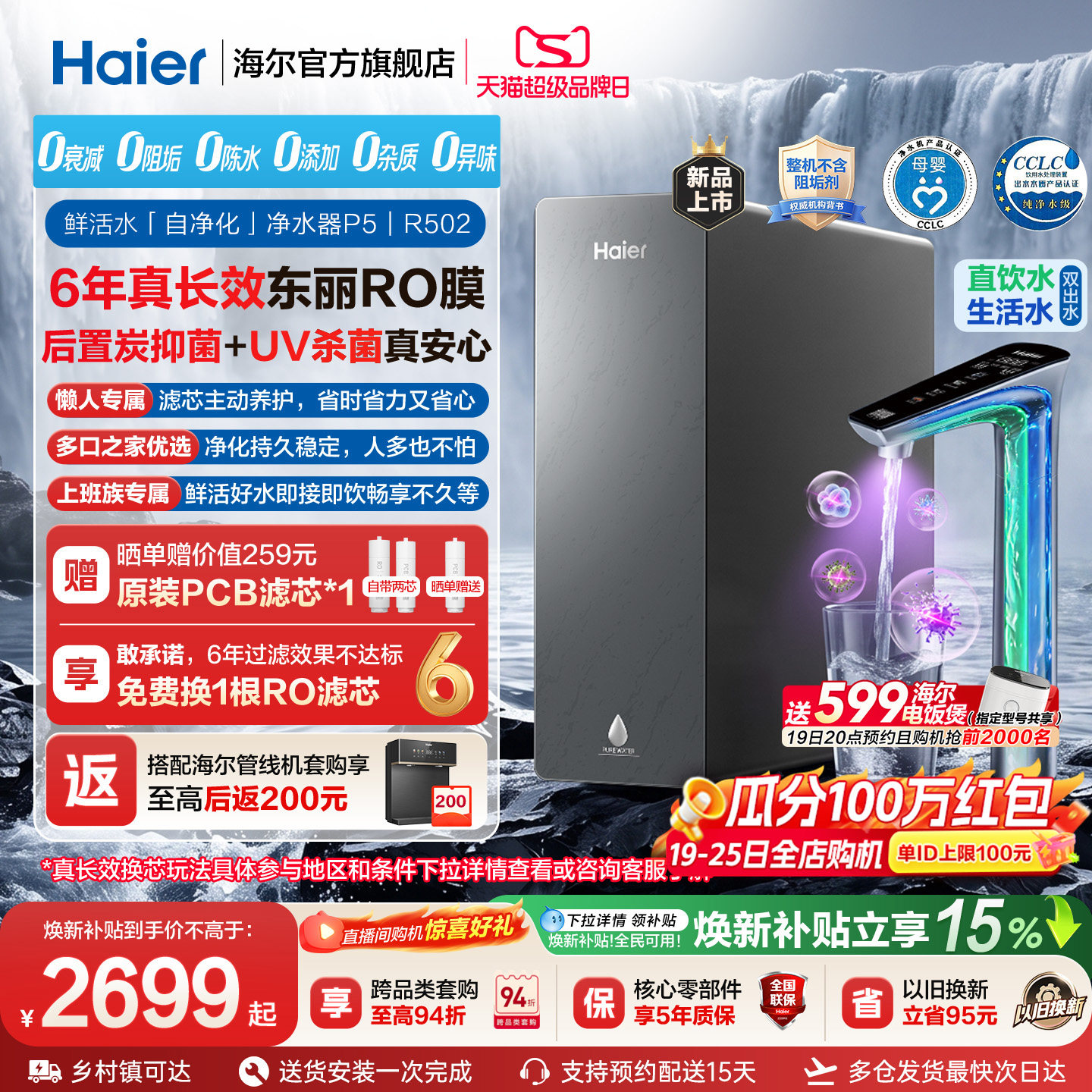 新品海尔净水器鲜活水自净化家用直饮长效反渗透1400G净饮机P5