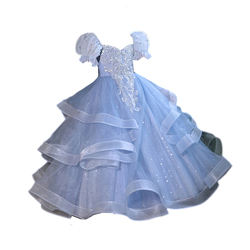 Girls Dress Blue Princess Dress High-end Sense Little Girl Birthday Children's High-end Piano Performance Costume Host Summer