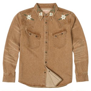 
American retro floral embroidered western style washed distressed Ami khaki slim men's thickened denim shirt