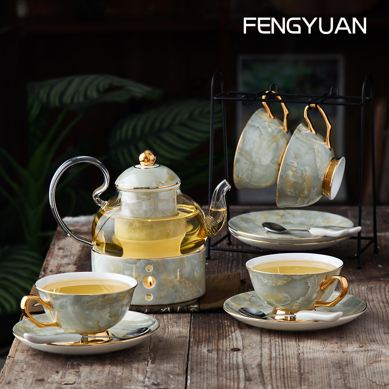锋源陶瓷 |大理石茶具| 整套茶具家用骨瓷花茶水果茶壶套装耐高温