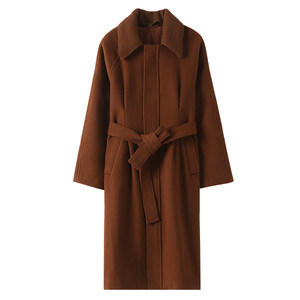 
KUYIOU/Removable ribbed double-layer collar Heavy pure wool nightgown belt silhouette long wool coat men