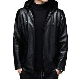 Men's leather jacket tops in autumn and winter new style plush thickened warm and casual hooded leather jacket men's tops
