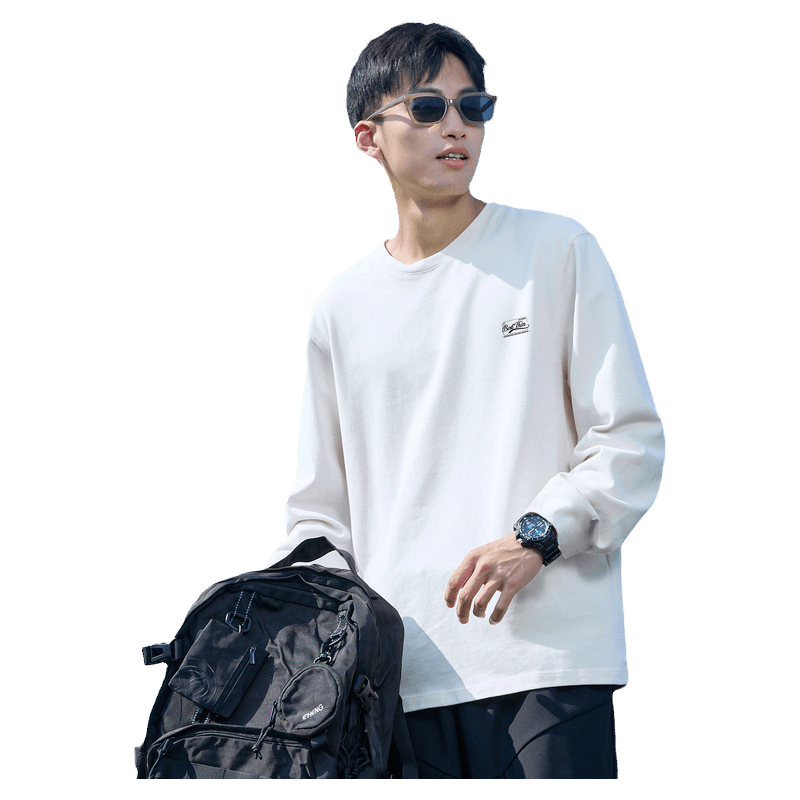 Tangshi spring new long-sleeved T-shirt men's small details round neck loose top solid color inner bottoming shirt trendy t