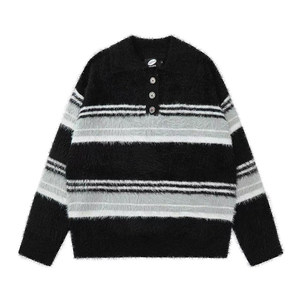 Holocene American fashion brand mohair POLO collar button striped sweater couple autumn and winter lazy sweater men