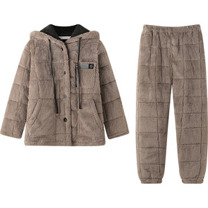 
Beiyan winter three-layer coral velvet cotton couple pajamas for women thickened hooded home clothes for men warm cotton jacket set
