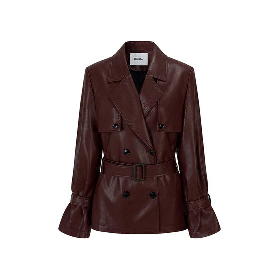 
HiimDai Bubao cherry Oversize double-breasted mid-length leather windbreaker Loose silhouette leather jacket