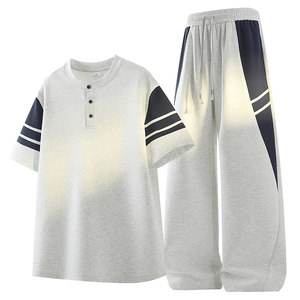WOLF JEES summer short-sleeved sports suit for men 2026 youth casual two-piece set thin contrasting stripes