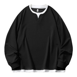 
Spring men's plus size casual fake two-piece long-sleeved T-shirt Henry collar loose fat sweatshirt inner layering shirt