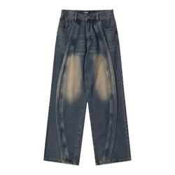 Lxjnxs Trendy Brand American High-end Spliced ​​heavy Jeans Men's High Street Loose Wide-leg Straight All-match Trousers