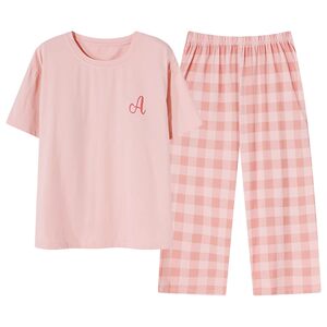 浪莎带胸垫睡衣女夏季纯棉短袖七分裤薄款韩式家居服可外穿两件套
