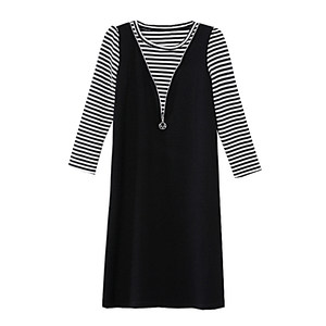 
Spring and Autumn New Stripe Fake Two-Piece Nine-Cross Sleeve Dress Women's Mid-Length Large Size Slim and Slim and Reducing Age-Reducing Skirt