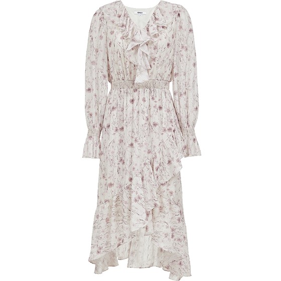 
ONLY2025 new autumn style elegant ruffled V-neck retro printed high-waist waist mid-length skirt dress for women