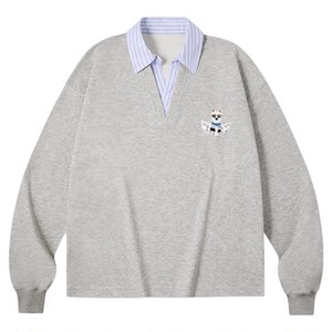 
PSO Brand men's and women's clothing fake two-piece striped V-neck long-sleeved loose POLO sweatshirt men's jacket couple wear