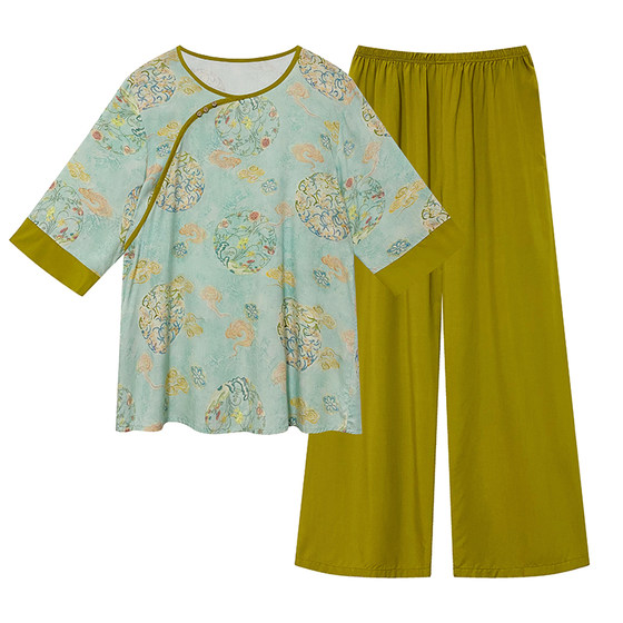 
2026 new summer style large size home wear for women, cotton silk pajamas, new Chinese style national style three-quarter sleeve trousers