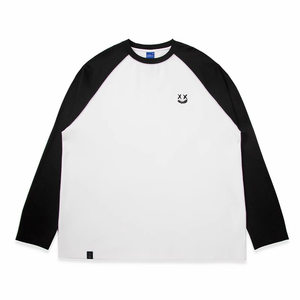 
RIC 2025 spring and autumn torn smiley face contrasting color raglan long-sleeved T-shirt for men, trendy brand loose couple tops T-shirt for women