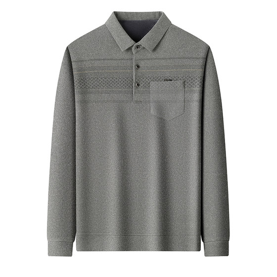 Woodpecker autumn and winter men's velvet thickened long-sleeved T-shirt for middle-aged and elderly people with lapel pockets and warm base T-shirt