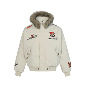 
Winter American badge embroidery mountain carving cotton jacket for men and women, high-end thickened and warm couple fur collar jacket