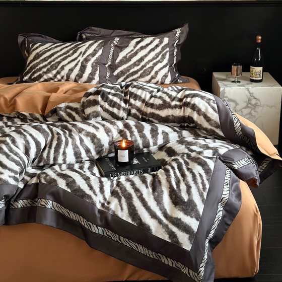 100S 긴 스테플 면 기모 침대 시트 4개 세트, 순면, 부드럽고 심플한 격자 무늬 표범 무늬 이불 커버, 가벼운 럭셔리 북유럽 침구