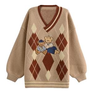 
Mori Girl Tribe original design retro vintage style v-neck loose diamond pattern stacked sweater for women 2025 new winter