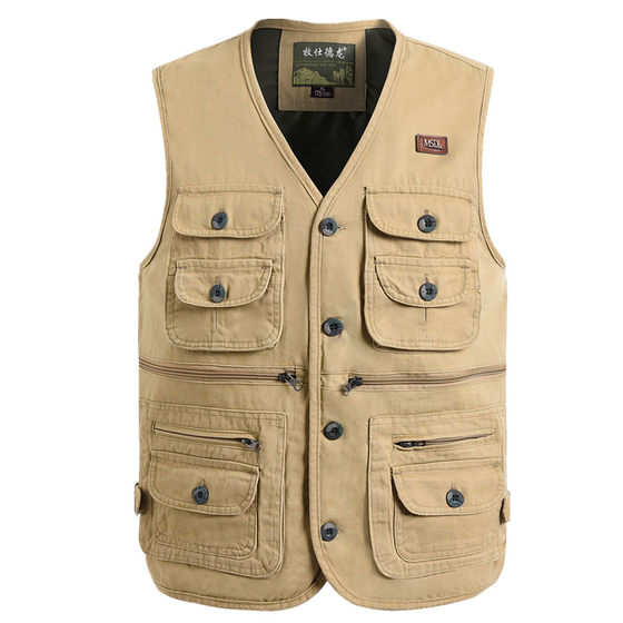Pure cotton water washing the button of the new and middle -aged men's V -neck of the Spring and Autumn Mesoic Men's Men, a large pocket horses clip vest dad