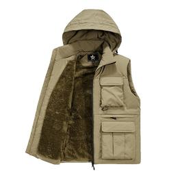 Thick Velvet Vest For Men In Autumn And Winter, Windproof And Warm, Multi-pocket Work Vest, Loose Large Size Hooded Vest Jacket