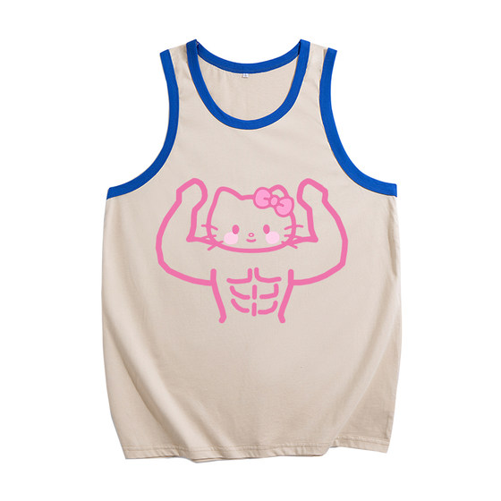 
Retro muscle lines cat kitty fun cotton vest men and women fitness sports summer pink sleeveless funny